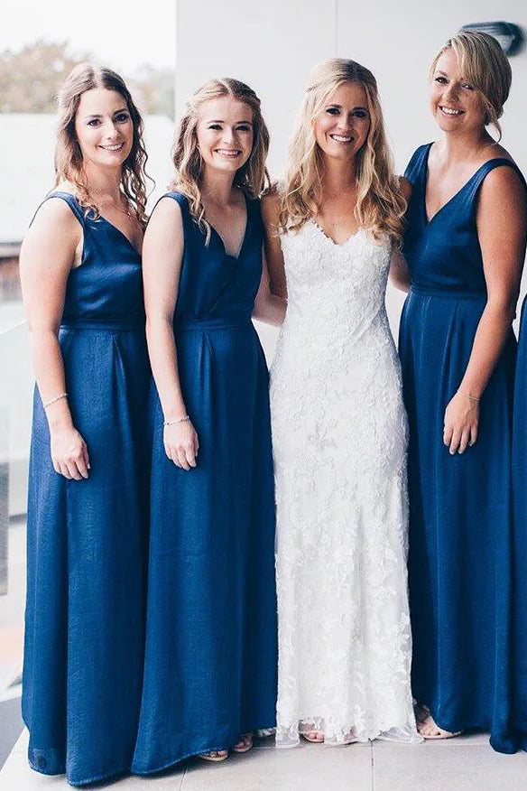 Robe de demoiselle d'honneur bleu roi à col en V et longueur au sol/Robes formelles pour femmes